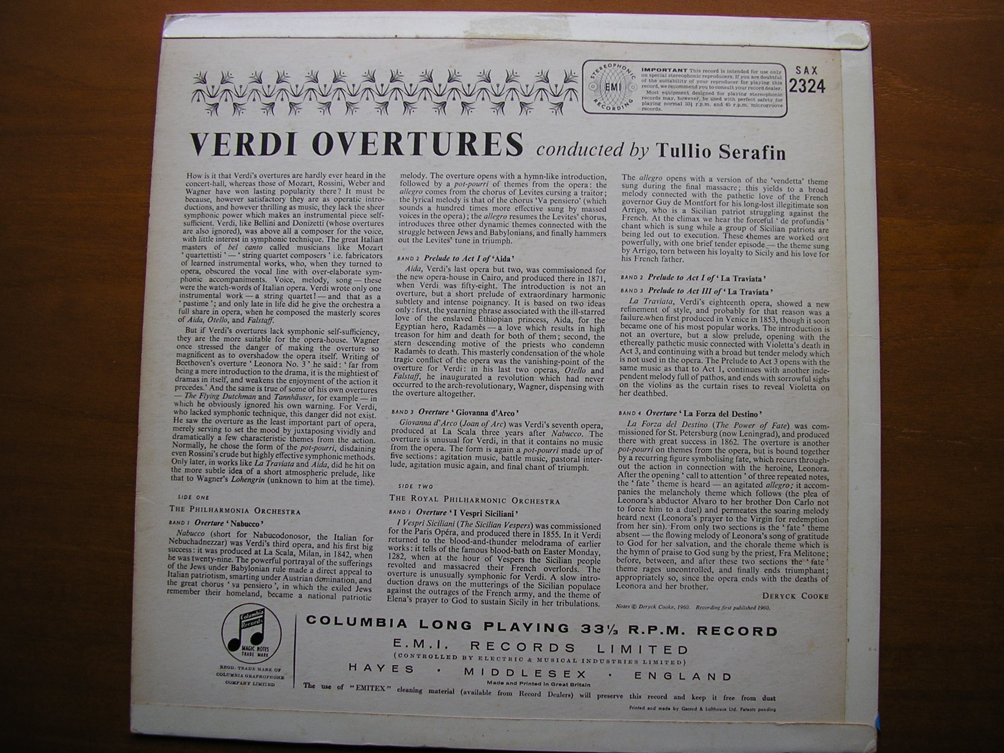 VERDI: OVERTURES      SERAFIN / PHILHARMONIA ORCHESTRA / ROYAL PHILHARMONIC     SAX 2324