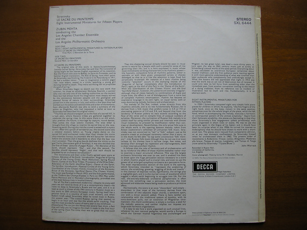 SXL 6444 STRAVINSKY: THE RITE OF SPRING / 8 INSTRUMENTAL MINIATURES    MEHTA / LOS ANGELES PHILHARMONIC    ED4