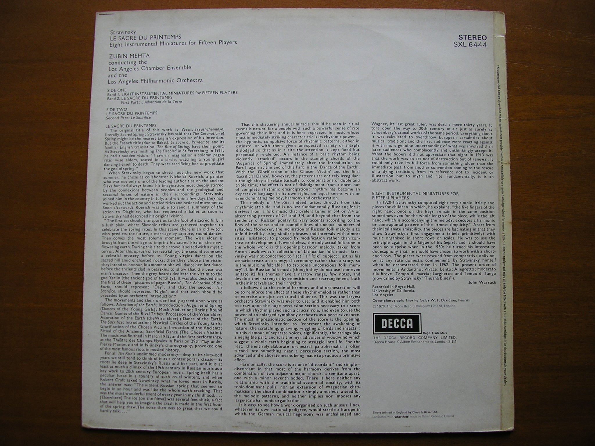 SXL 6444 STRAVINSKY: THE RITE OF SPRING / 8 INSTRUMENTAL MINIATURES    MEHTA / LOS ANGELES PHILHARMONIC    ED4