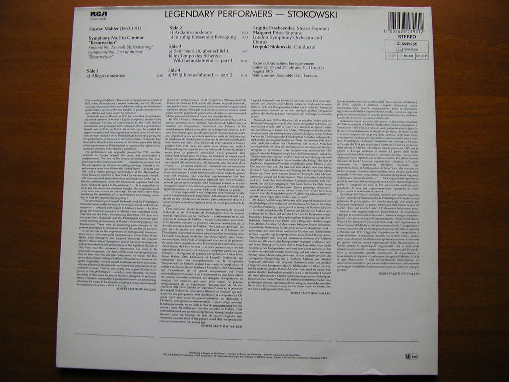 MAHLER:  SYMPHONY No. 2 'Resurrection'     FASSBAENDER / PRICE / LONDON SYMPHONY / STOKOWSKI    2LP    GL 85392