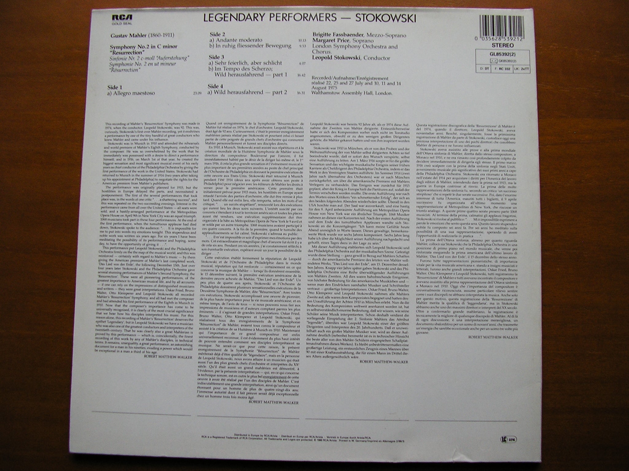 MAHLER:  SYMPHONY No. 2 'Resurrection'     FASSBAENDER / PRICE / LONDON SYMPHONY / STOKOWSKI    2LP    GL 85392