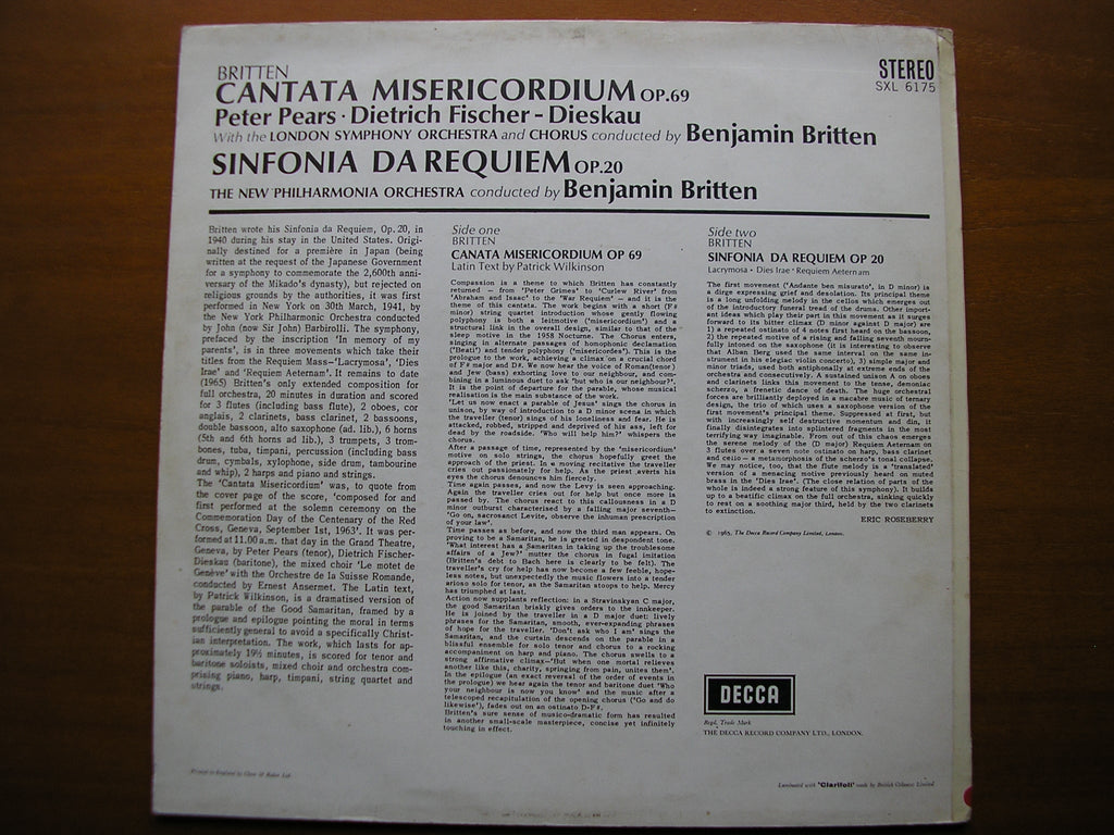 BRITTEN: SINFONIA DA REQUIEM / CANTATA MISERICORDIUM    PEARS / FISCHER-DIESKAU / LONDON SYMPHONY / BRITTEN    SXL 6175