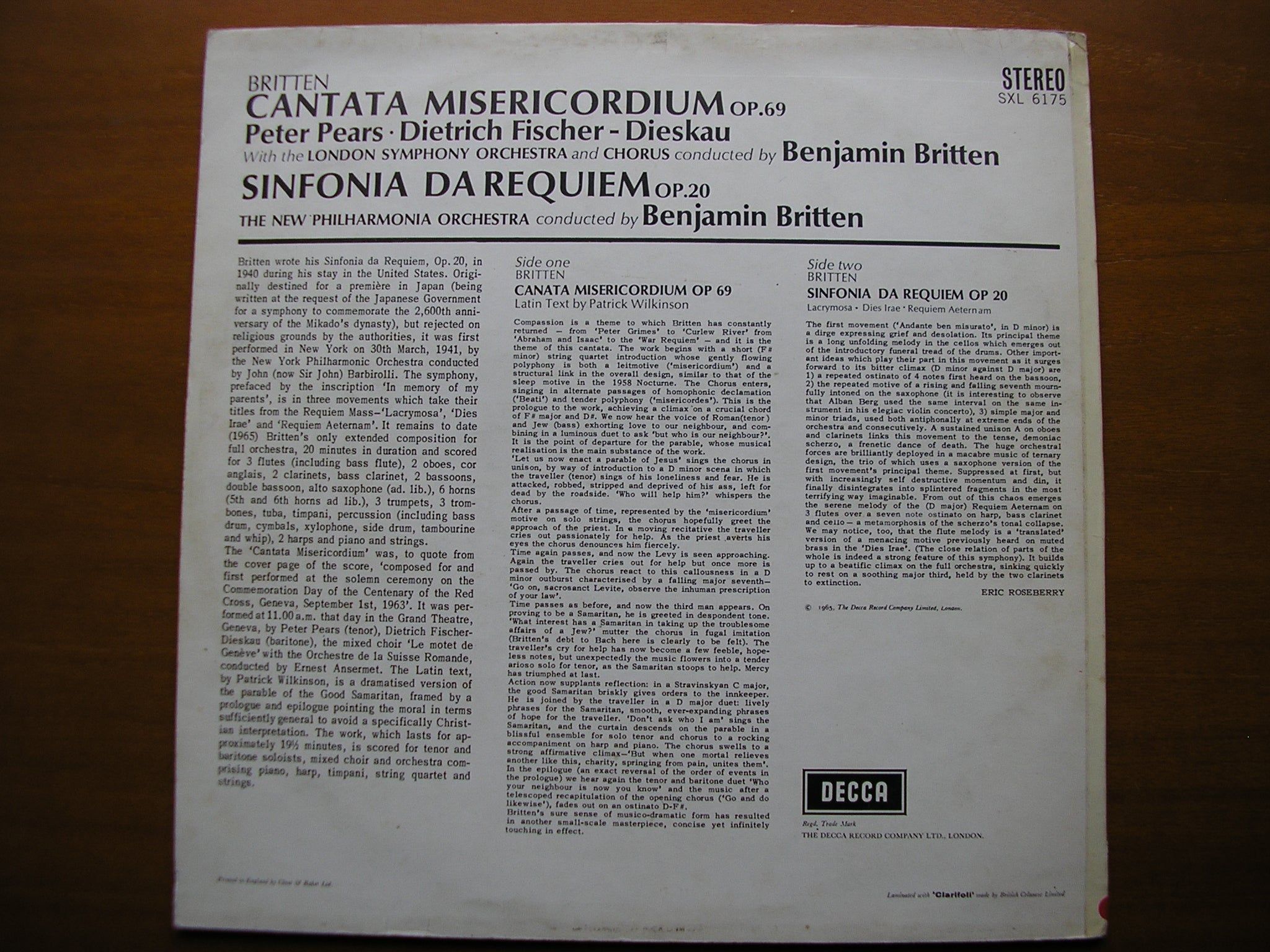 BRITTEN: SINFONIA DA REQUIEM / CANTATA MISERICORDIUM    PEARS / FISCHER-DIESKAU / LONDON SYMPHONY / BRITTEN    SXL 6175