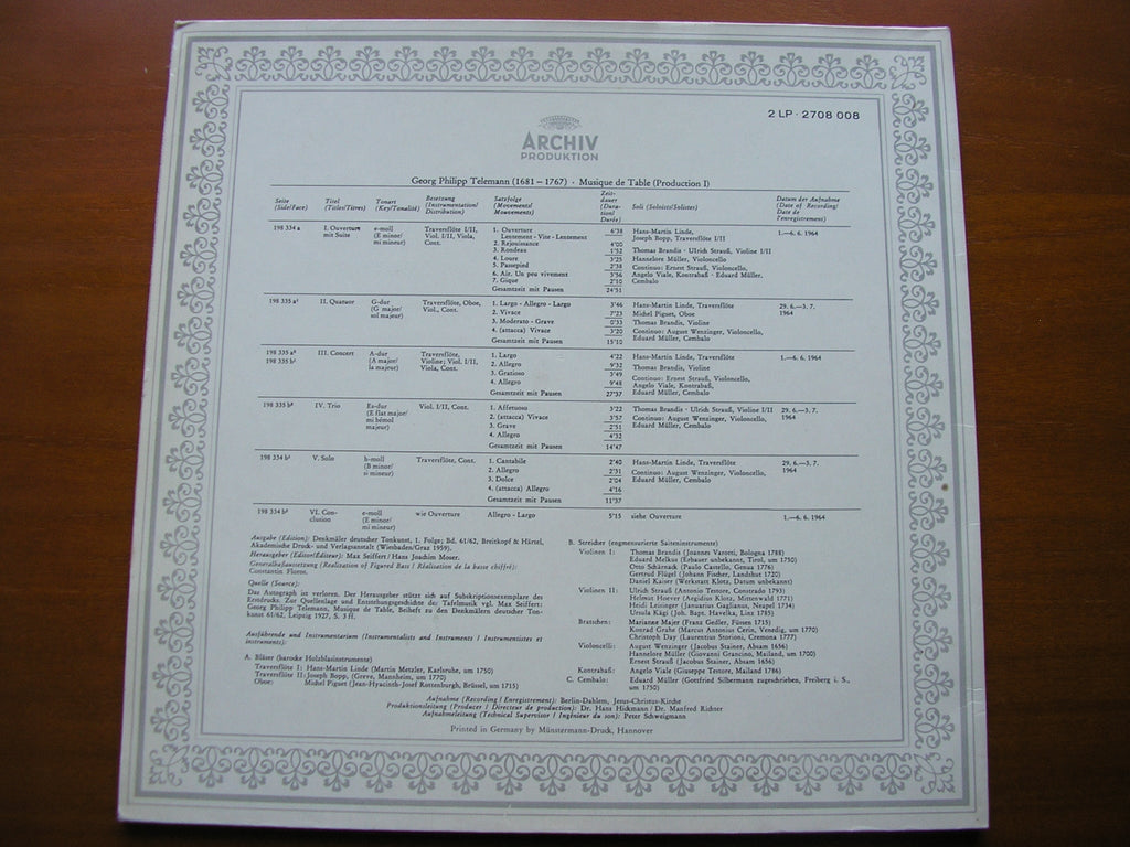 TELEMANN: TAFELMUSIK  Production 1     SCHOLA CANTORUM BASILIENSIS / WENZINGER      2LP      2708 008