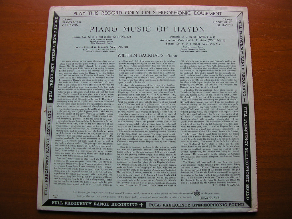 HAYDN: PIANO MUSIC     WILHELM BACKHAUS    CS 6060