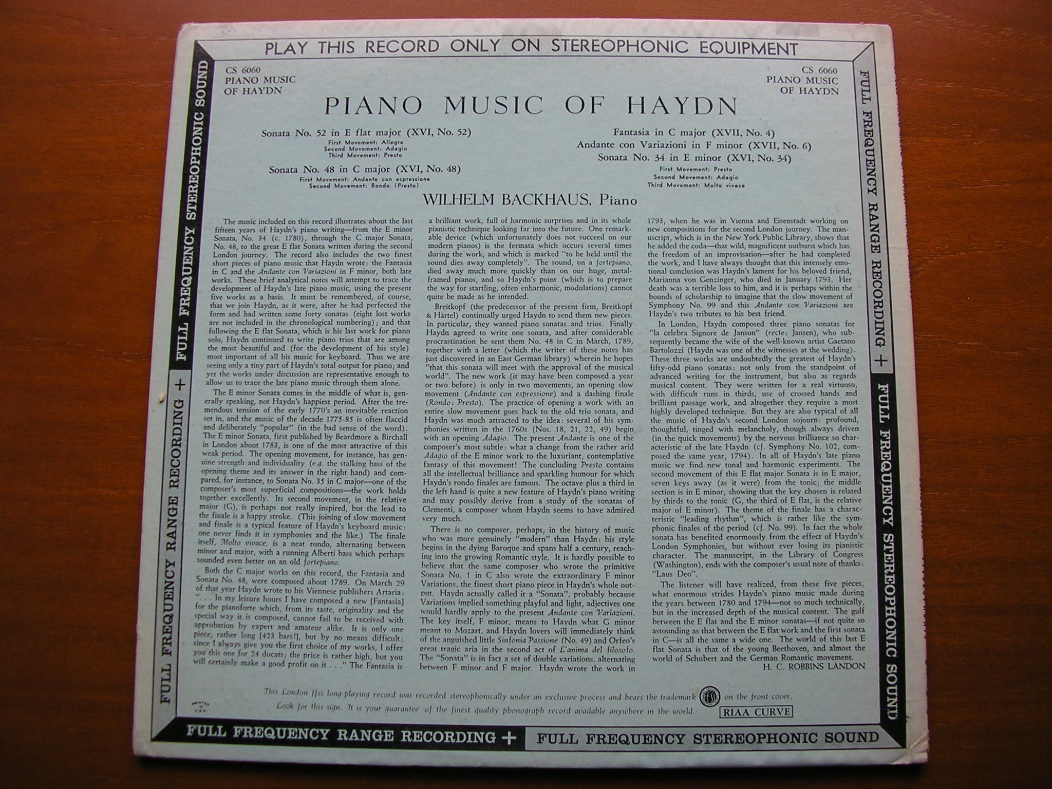 HAYDN: PIANO MUSIC     WILHELM BACKHAUS    CS 6060