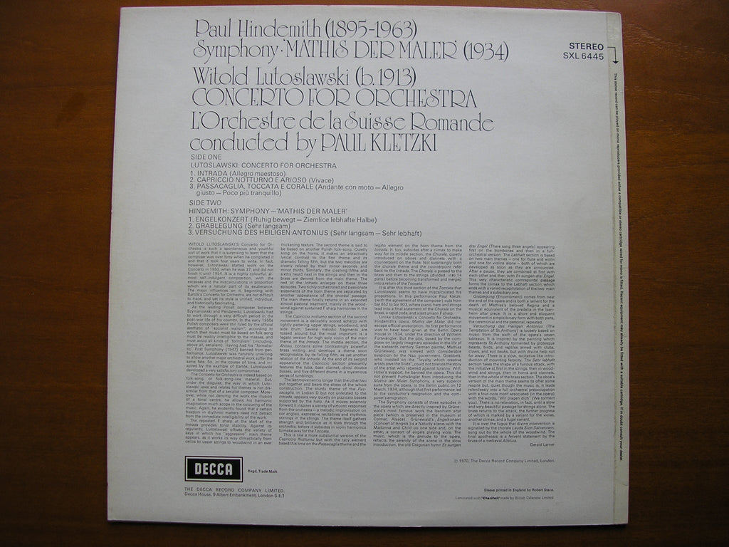 SXL 6445 HINDEMITH: MATHIS DER MALER / LUTOSLAWSKI: CONCERTO FOR ORCHESTRA / SUISSE ROMANDE / KLETZKI     ED4