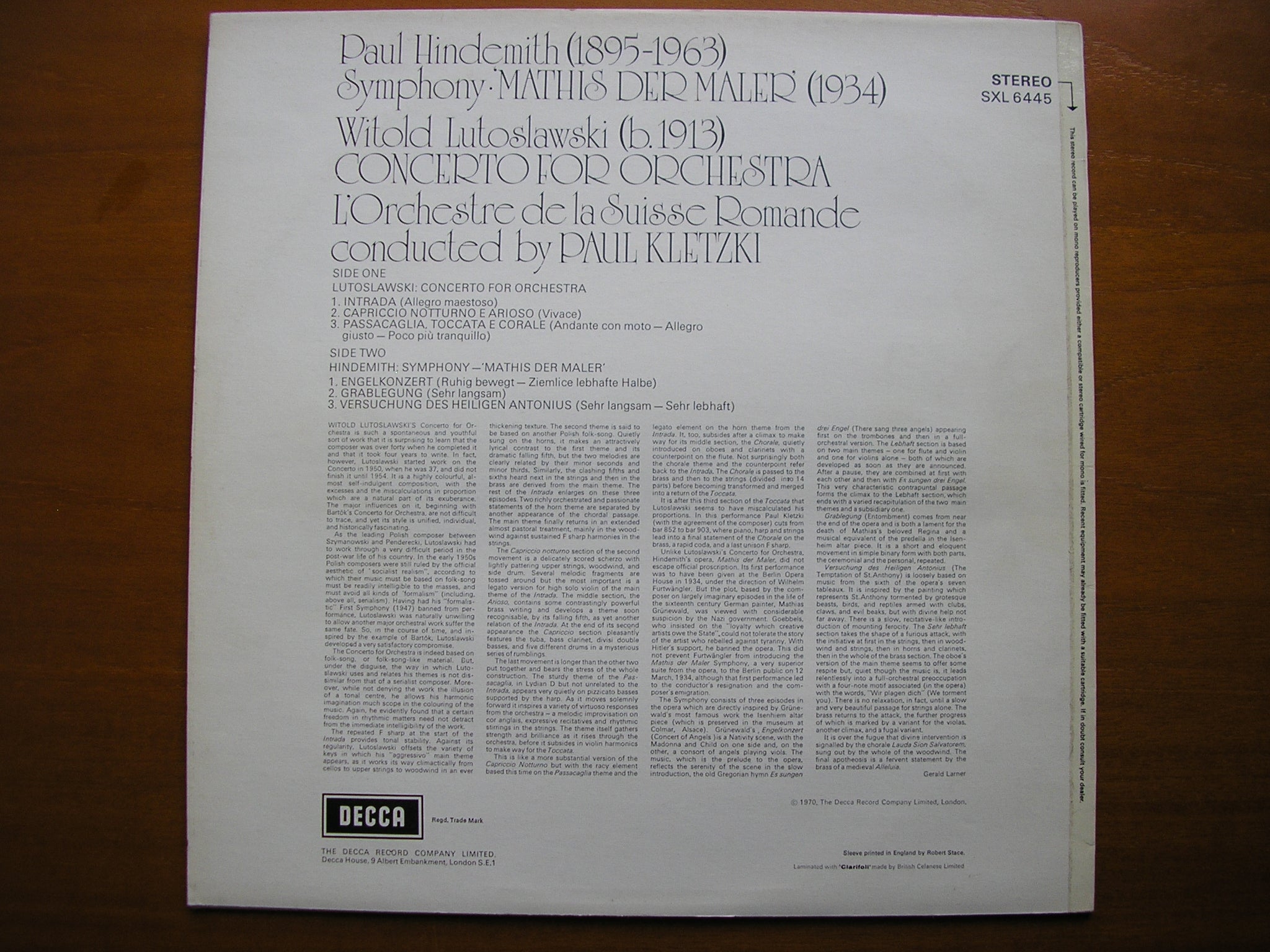 SXL 6445 HINDEMITH: MATHIS DER MALER / LUTOSLAWSKI: CONCERTO FOR ORCHESTRA / SUISSE ROMANDE / KLETZKI     ED4