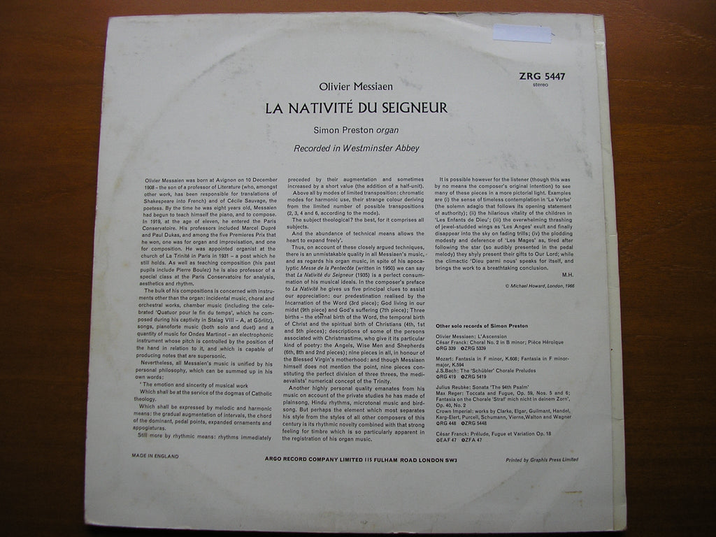 MESSIAEN: LA NATIVITE DU SEIGNEUR      SIMON PRESTON      ZRG 5447