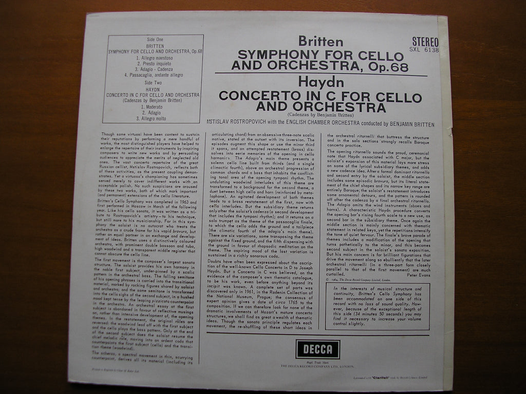 BRITTEN: CELLO SYMPHONY / HAYDN: CELLO CONCERTO in C      ROSTROPOVICH / ENGLISH CHAMBER ORCHESTRA / BRITTEN    SXL 6138