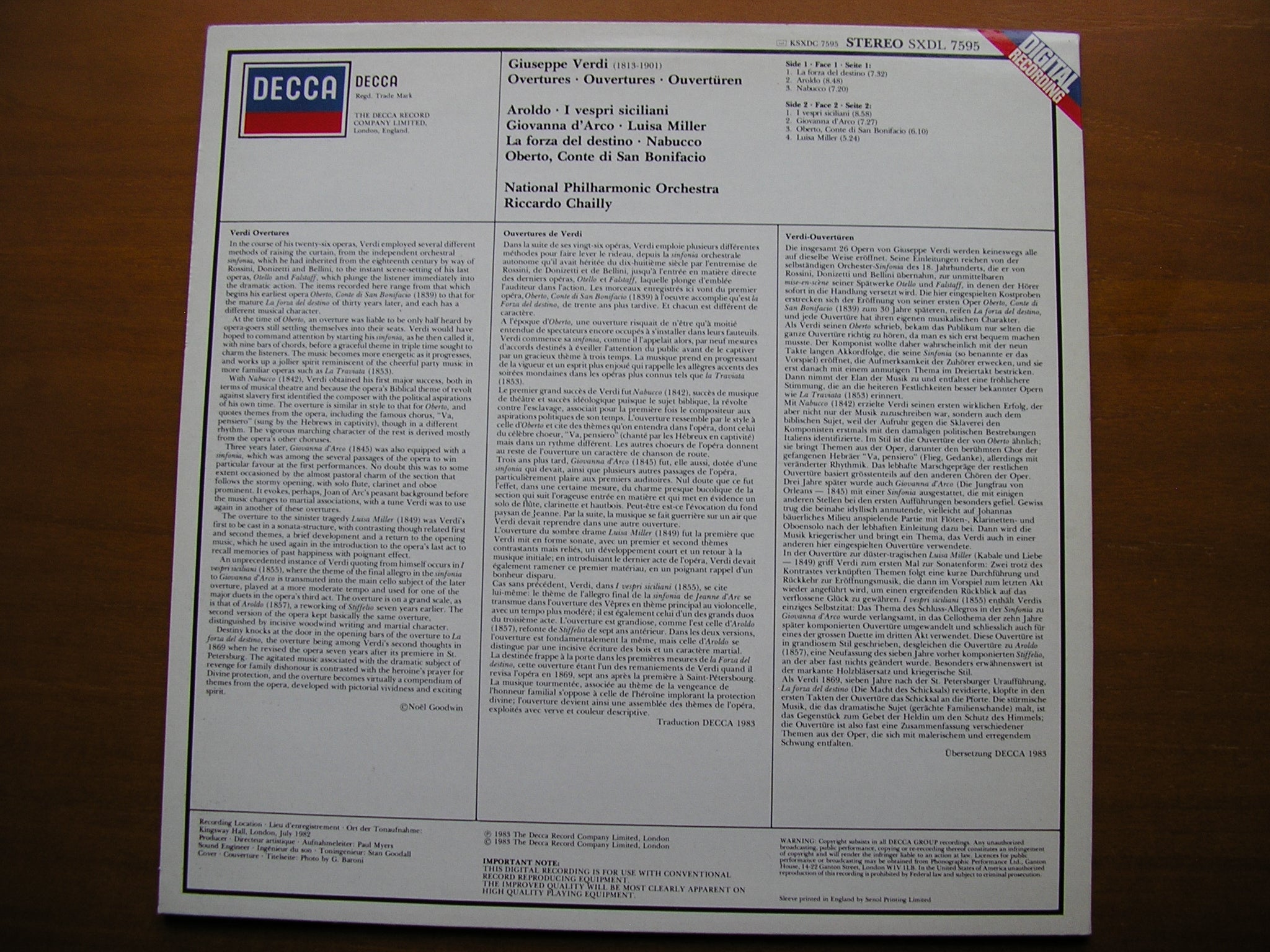 VERDI: OVERTURES       CHAILLY / NATIONAL PHILHARMONIC ORCHESTRA     SXDL 7595