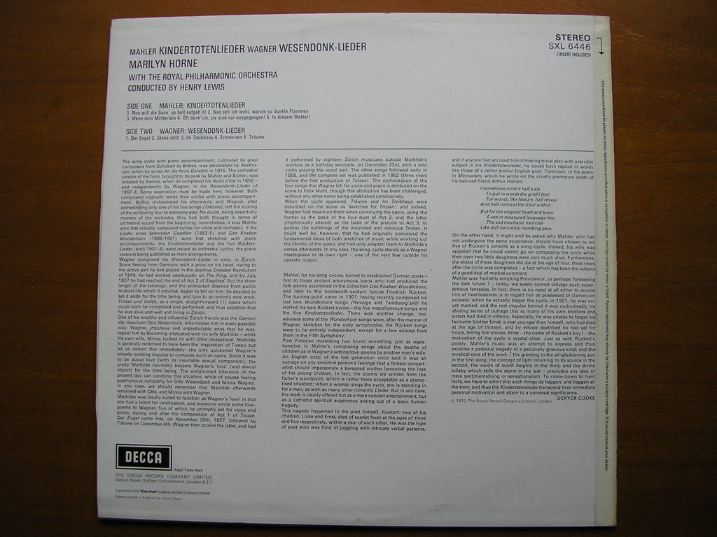 SXL 6446 MAHLER: KINDERTOTENLIEDER / WAGNER: WESENDONK LIEDER     HORNE / ROYAL PHILHARMONIC / LEWIS    ED4