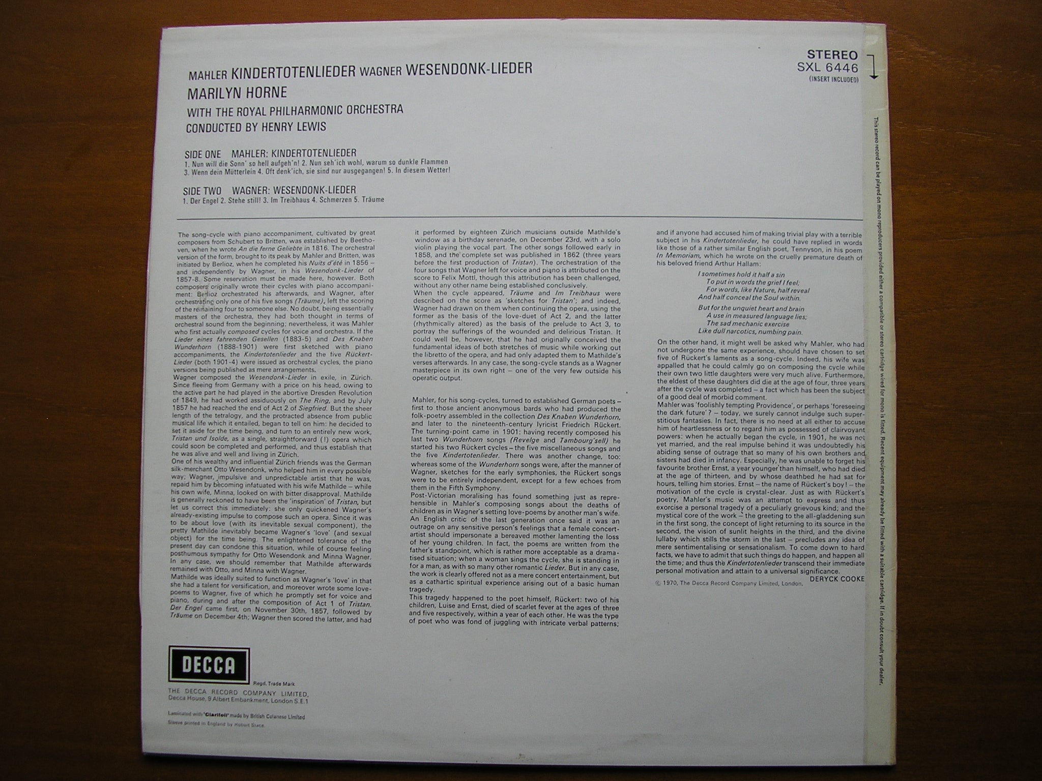 SXL 6446 MAHLER: KINDERTOTENLIEDER / WAGNER: WESENDONK LIEDER     HORNE / ROYAL PHILHARMONIC / LEWIS    ED4