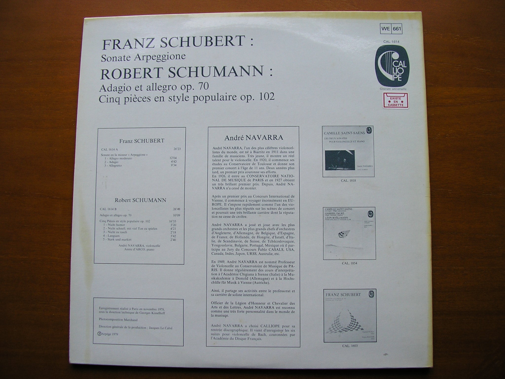 SCHUBERT: ARPEGGIONE SONATA / SCHUMANN: ADAGIO & ALLEGRO Op. 70 / FIVE PIECES Op. 102      NAVARRA / d'ARCO    CAL 1614