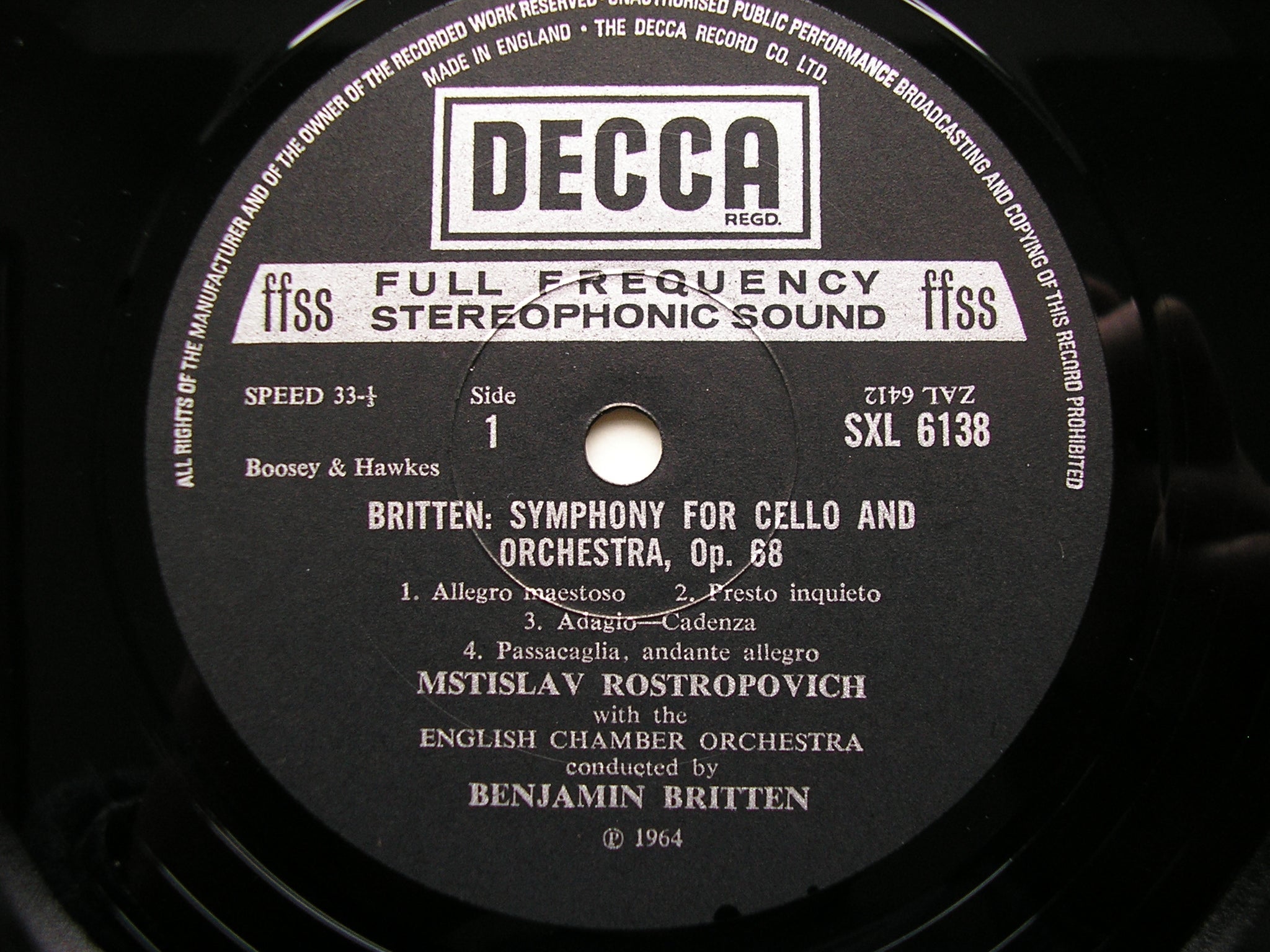 BRITTEN: CELLO SYMPHONY / HAYDN: CELLO CONCERTO in C      ROSTROPOVICH / ENGLISH CHAMBER ORCHESTRA / BRITTEN    SXL 6138