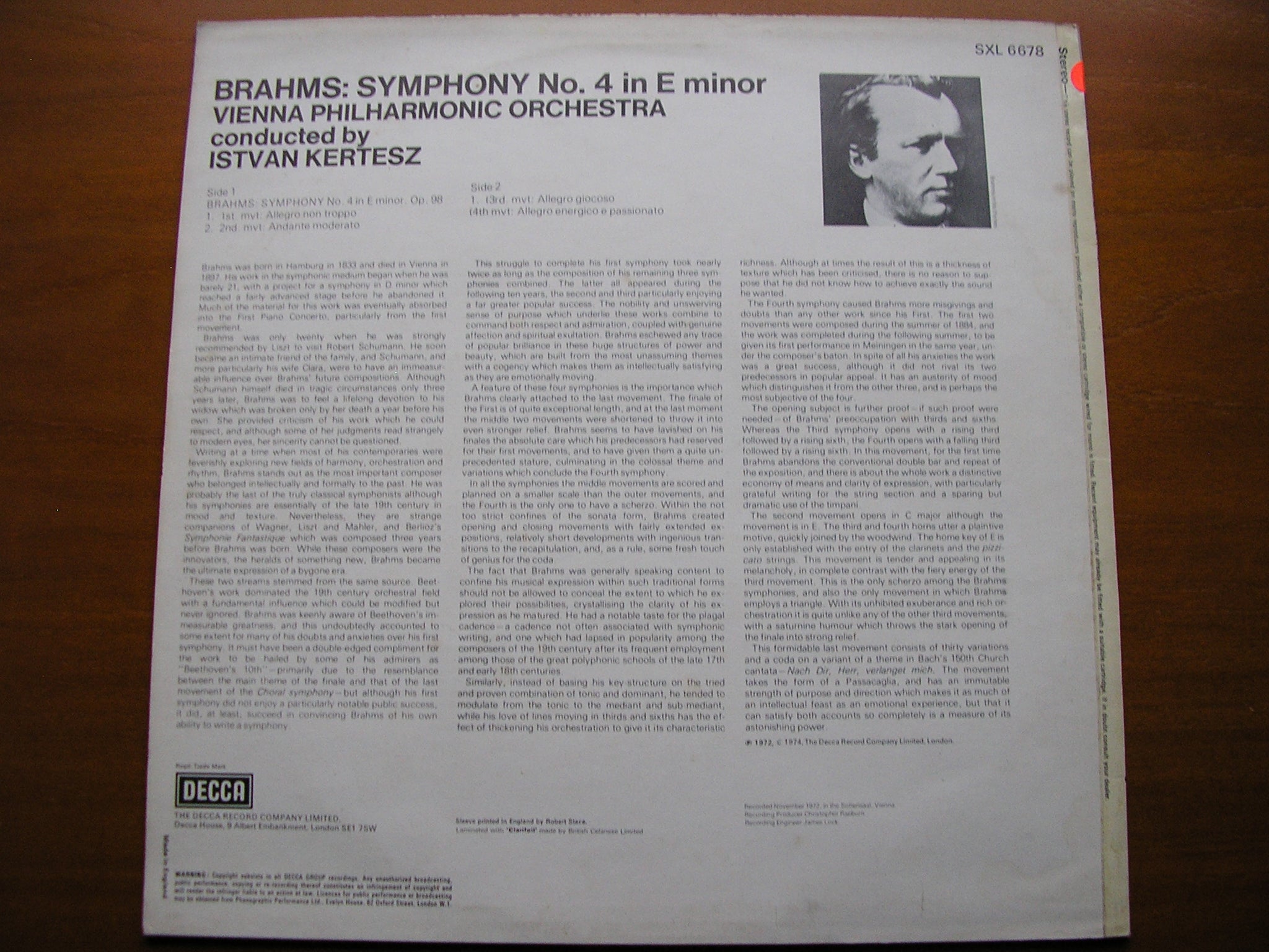 SXL 6678 BRAHMS: SYMPHONY No. 4 KERTESZ / VIENNA PHILHARMONIC test pressing