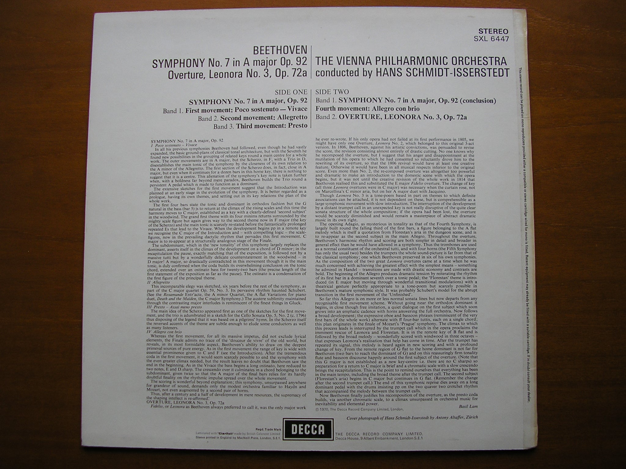 SXL 6447 BEETHOVEN: SYMPHONY No. 7 / OVERTURE Leonora No. 3     SCHMIDT-ISSERSTEDT / VIENNA PHILHARMONIC     ED4