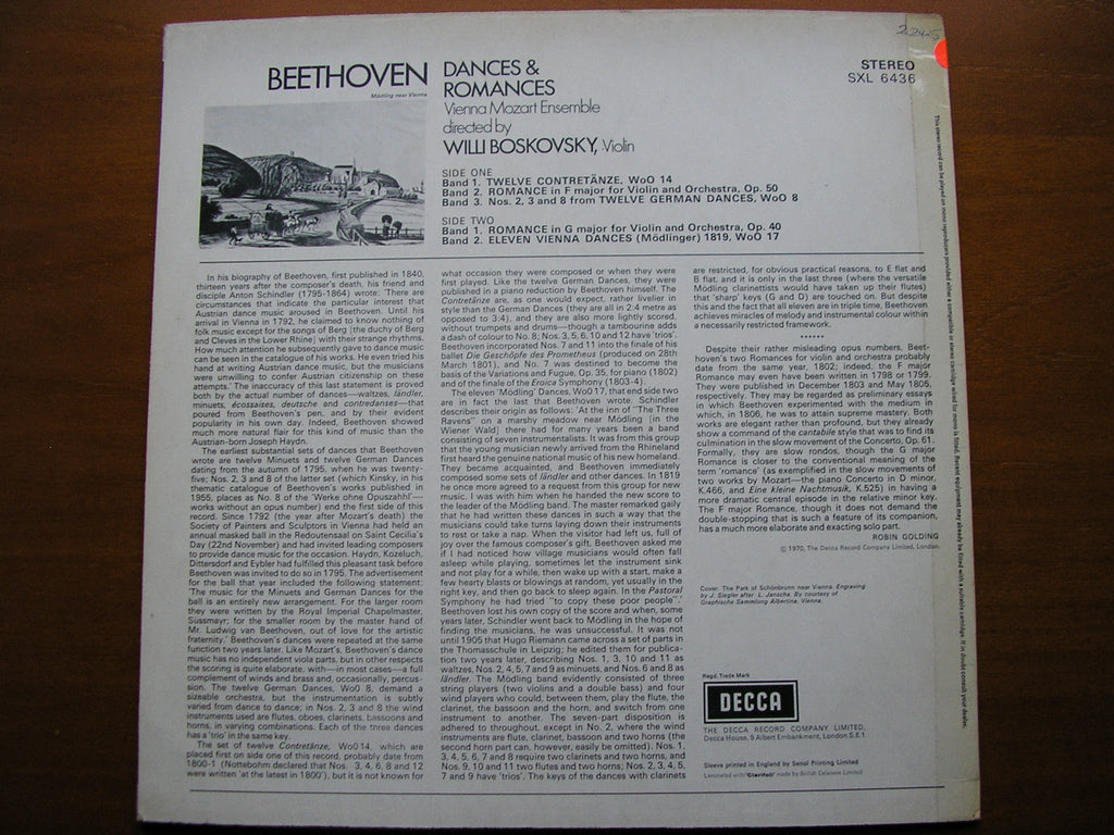 SXL 6436 BEETHOVEN: DANCES & ROMANCES VIENNA MOZART ENSEMBLE / BOSKOVSKY test pressing