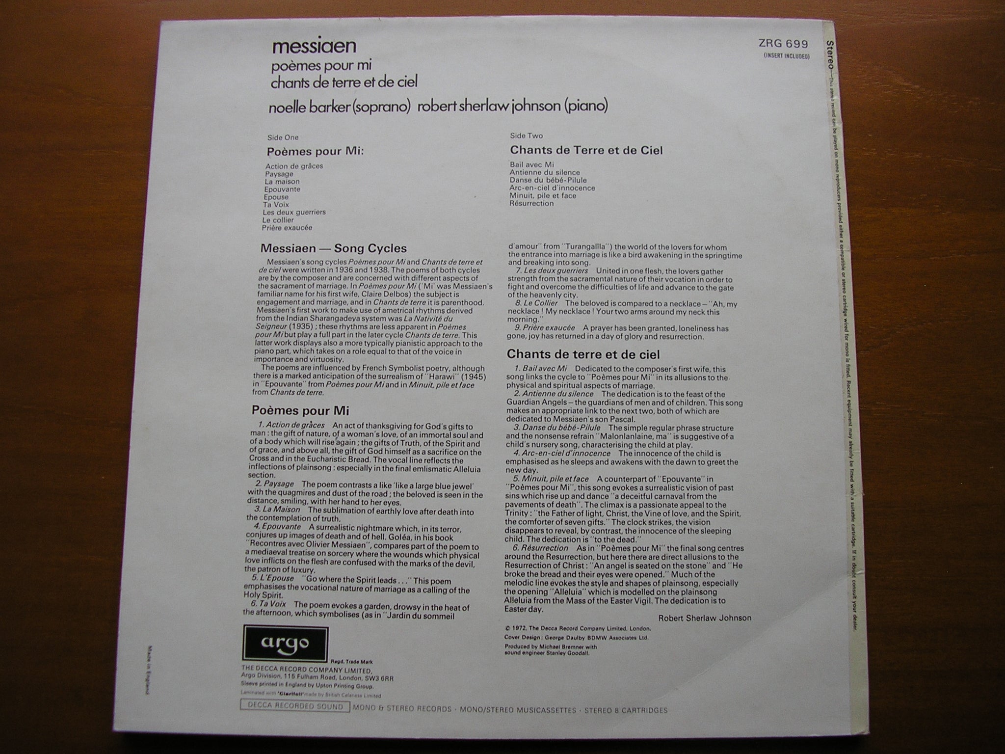 MESSIAEN: POEMES POUR MI / CHANTS DE TERRE ET DE CIEL      NOELLE BARKER / ROBERT SHERLAW JOHNSON      ZRG 699