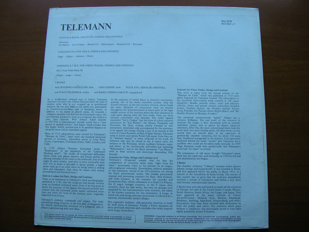 TELEMANN: SUITE in A / CONCERTO in G / CONCERTO A 7      SOLOISTS / I MUSICI      SAL 3737