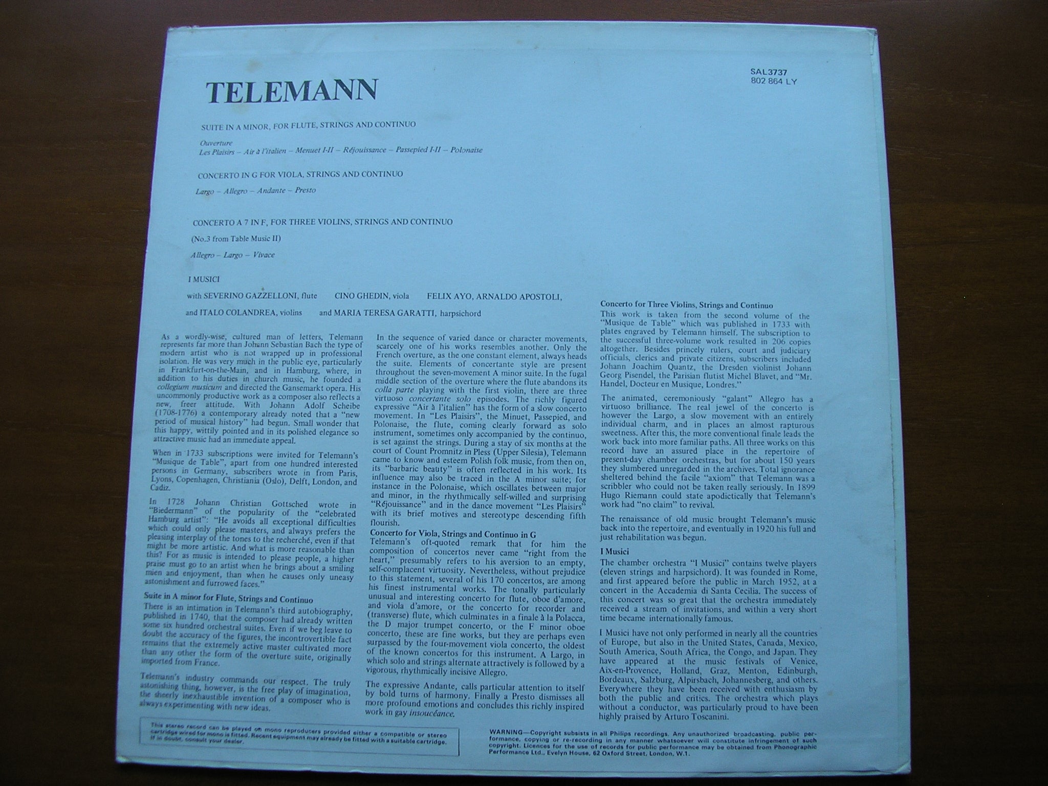 TELEMANN: SUITE in A / CONCERTO in G / CONCERTO A 7      SOLOISTS / I MUSICI      SAL 3737