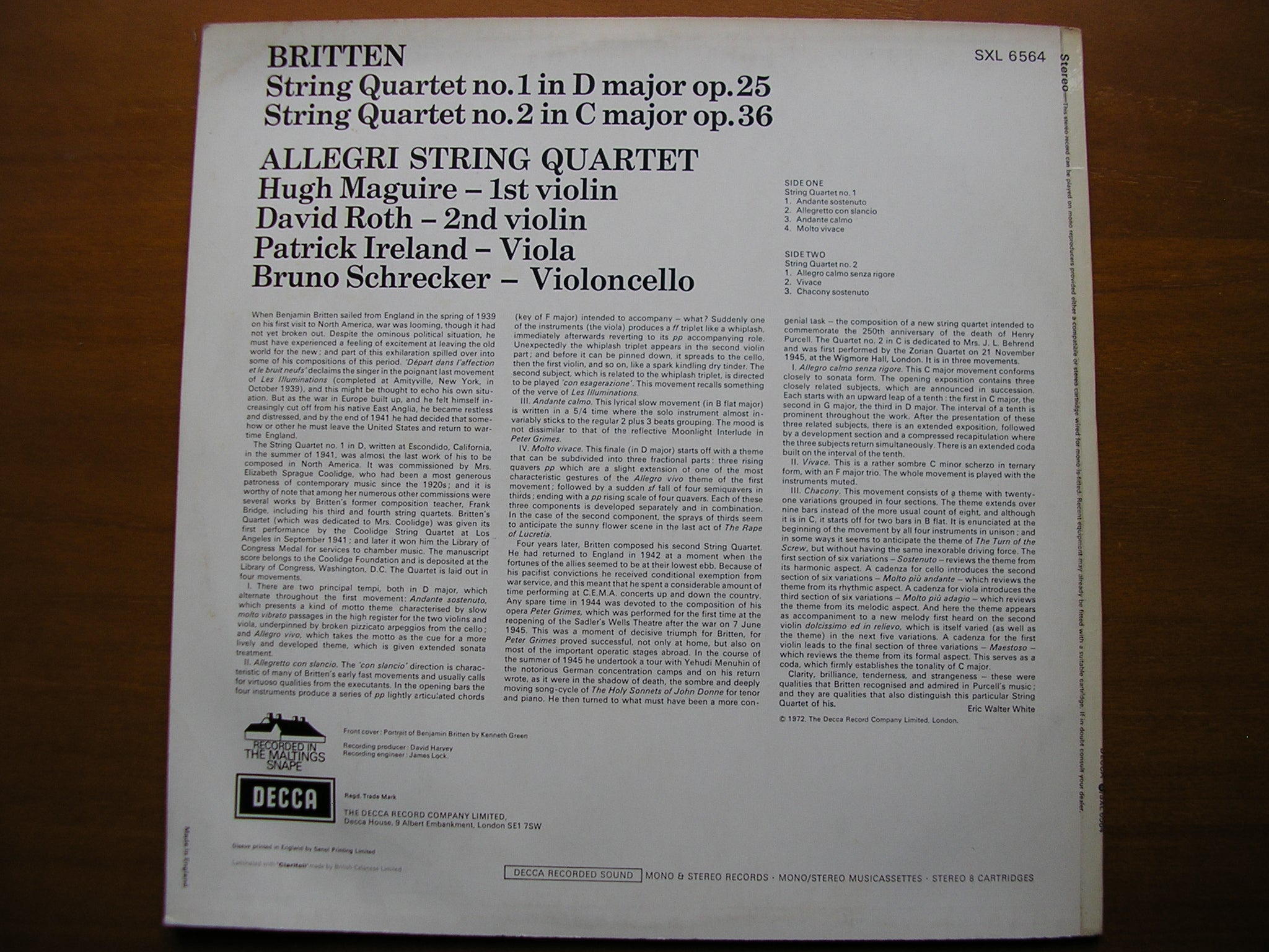 BRITTEN: STRING  QUARTETS Nos. 1 & 2      ALLEGRI STRING QUARTET     SXL 6564