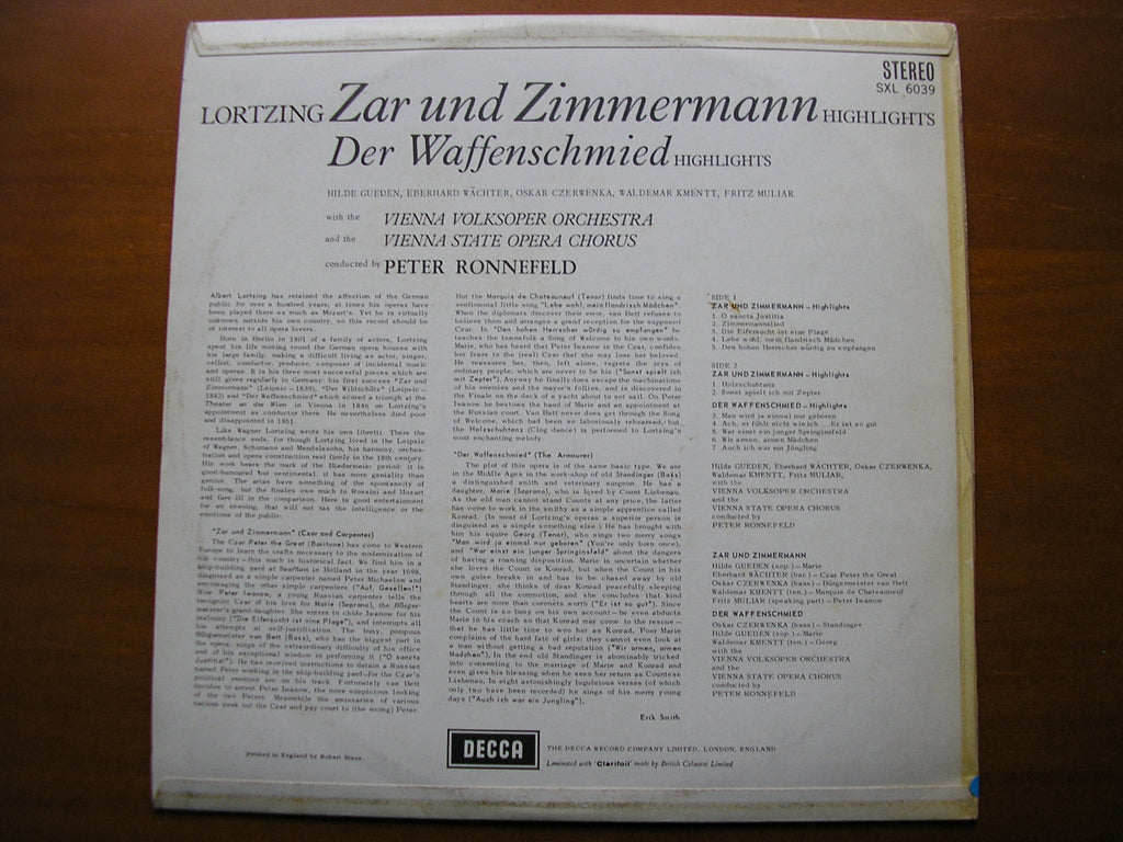 SXL 6039  LORTZING: ZAR & ZIMMERMANN / DER WAFFENSCHIED   excerpts    GUEDEN / WAECHTER / VIENNA VOLKSOPER / RONNEFELD      ED1