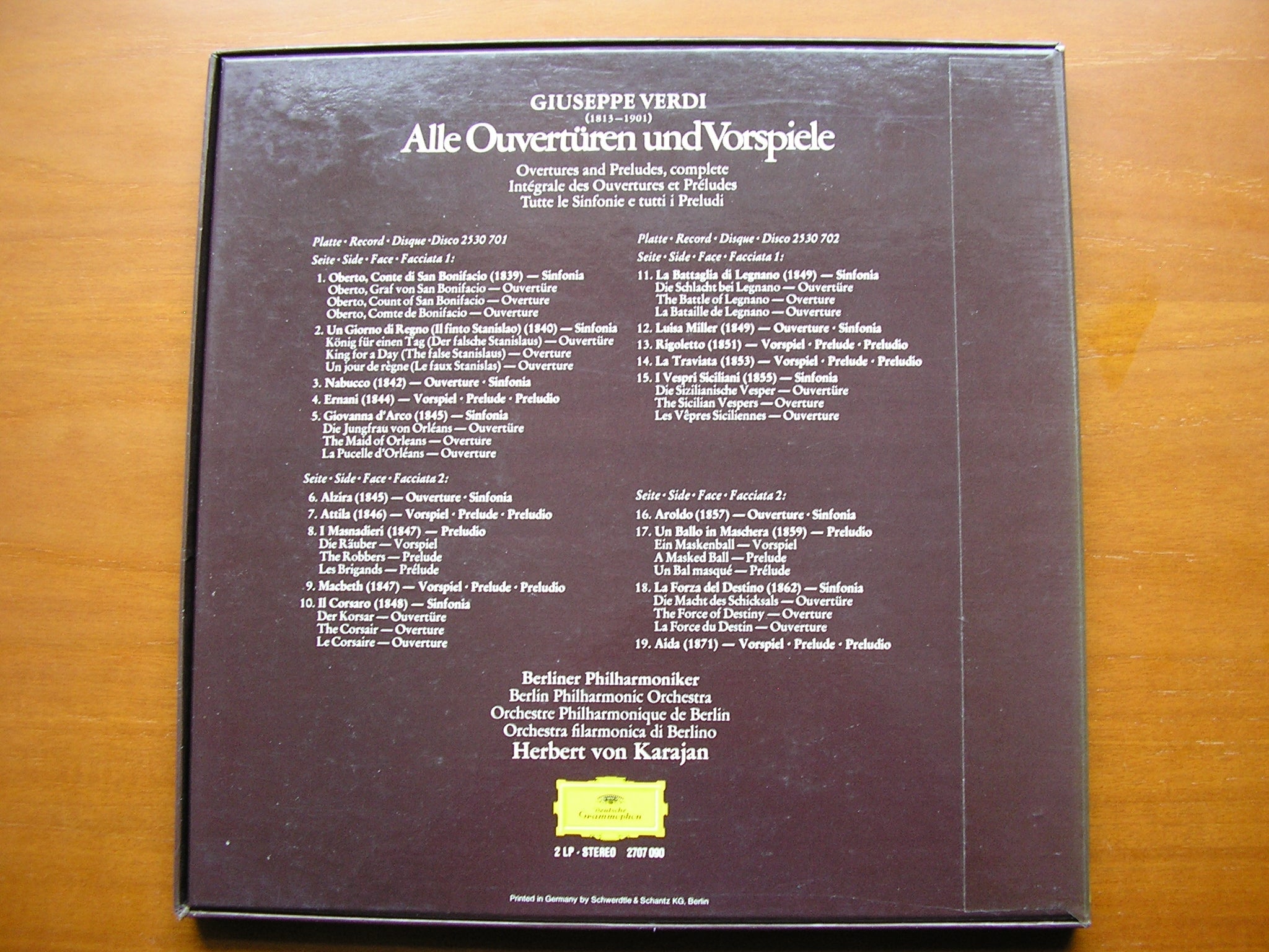 VERDI: COMPLETE OVERTURES & PRELUDES      KARAJAN / BERLIN PHILHARMONIC   2LP    2707 090