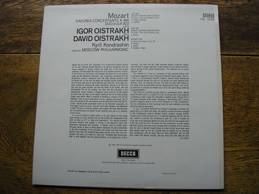 SXL 6088 MOZART: SINFONIA CONCERTANTE K364 DAVID & IGOR OISTRAKH / MPO / KONDRASHIN