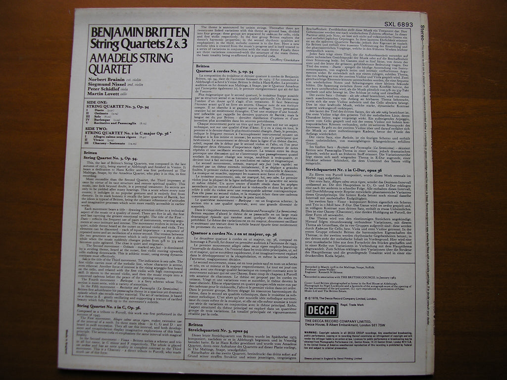 BRITTEN: STRING QUARTETS Nos.2 & 3       AMADEUS STRING QUARTET     SXL 6893