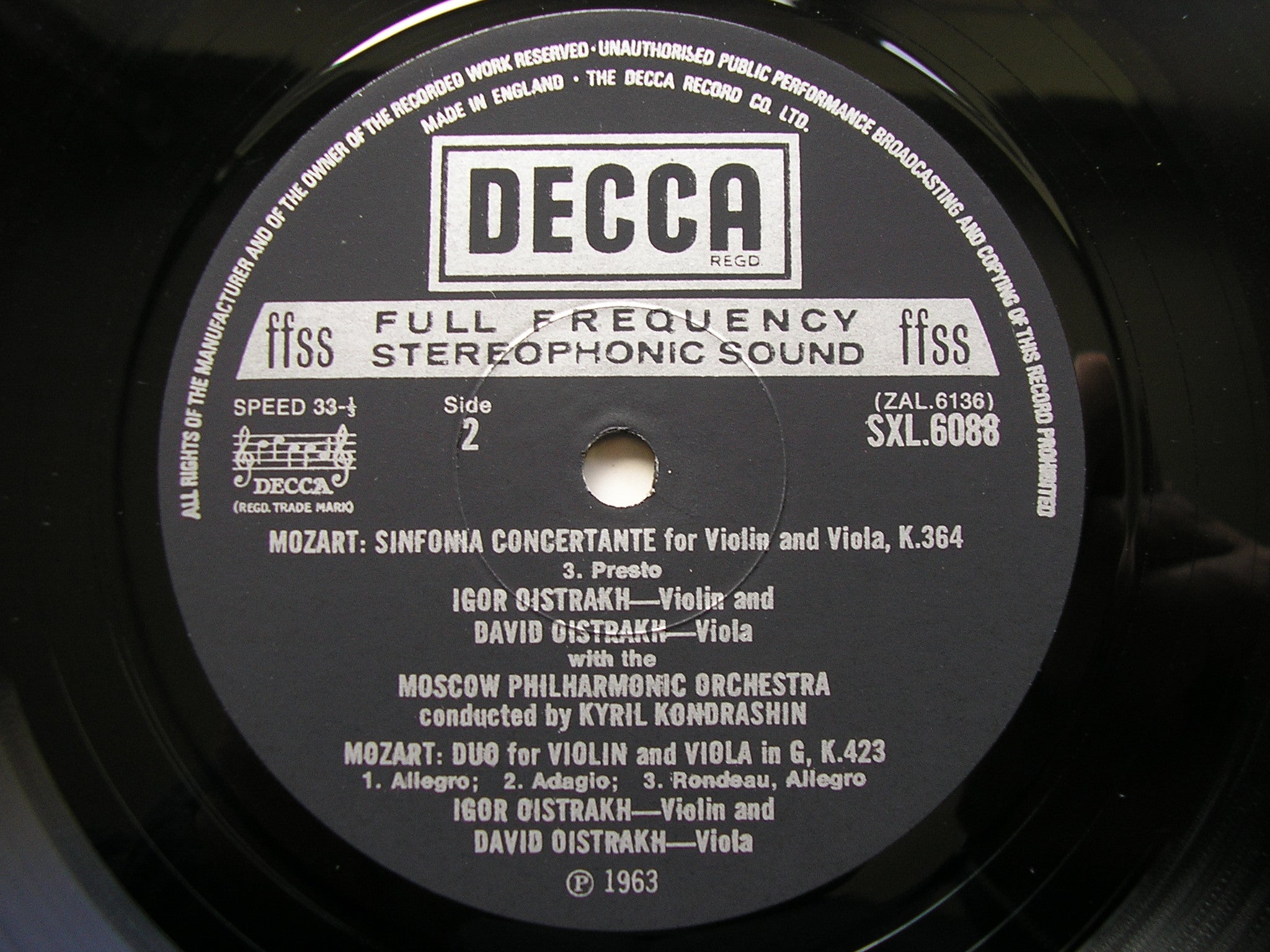 SXL 6088 MOZART: SINFONIA CONCERTANTE K364 DAVID & IGOR OISTRAKH / MPO / KONDRASHIN
