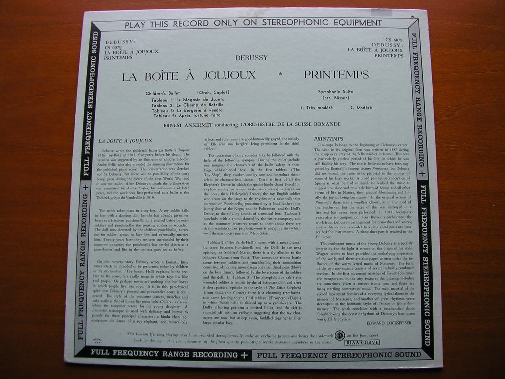 DEBUSSY: LA BOITE A JOUJOUX / PRINTEMPS    ANSERMET  / SUISSE ROMANDE    CS 6079
