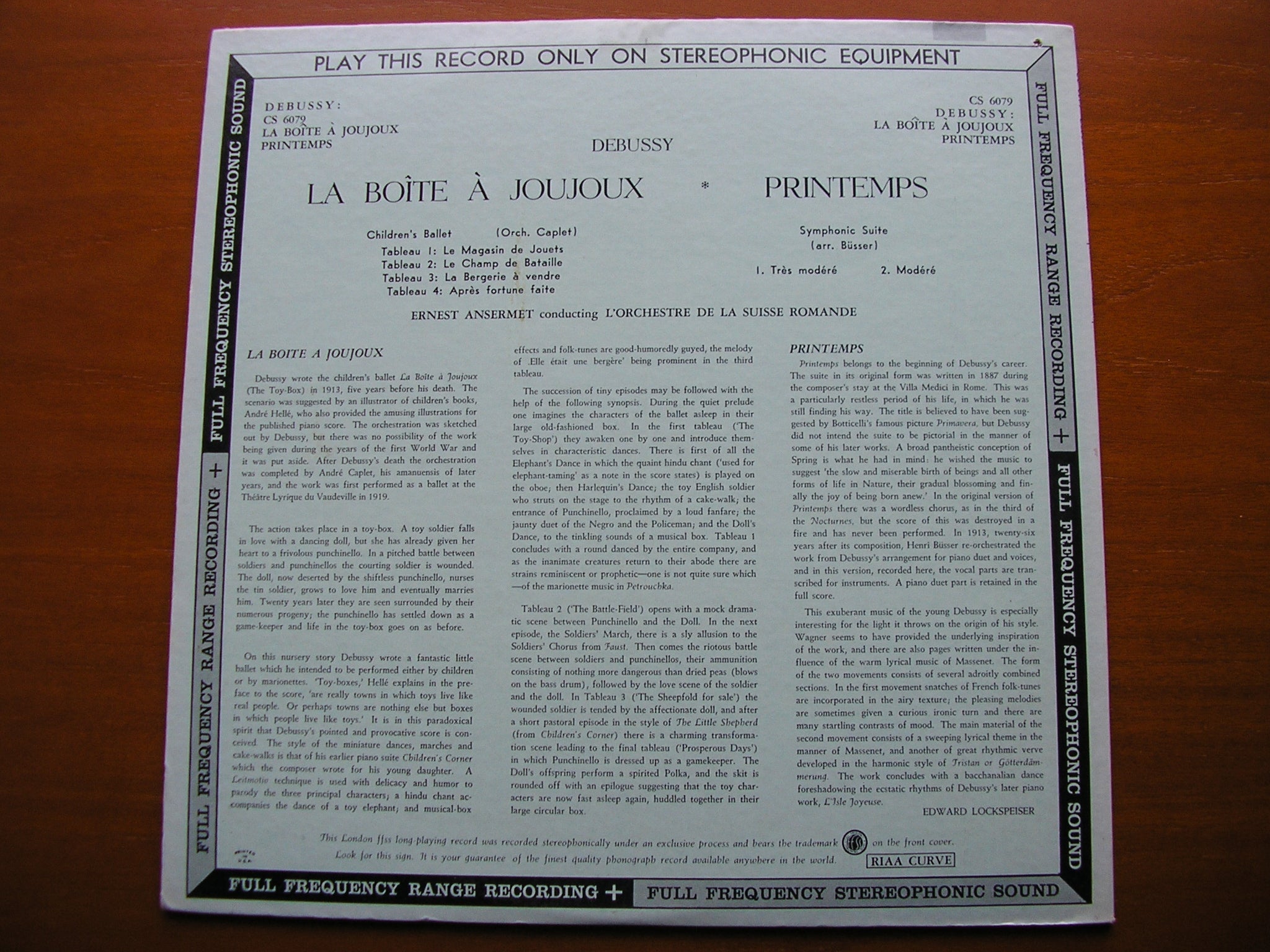 DEBUSSY: LA BOITE A JOUJOUX / PRINTEMPS    ANSERMET  / SUISSE ROMANDE    CS 6079
