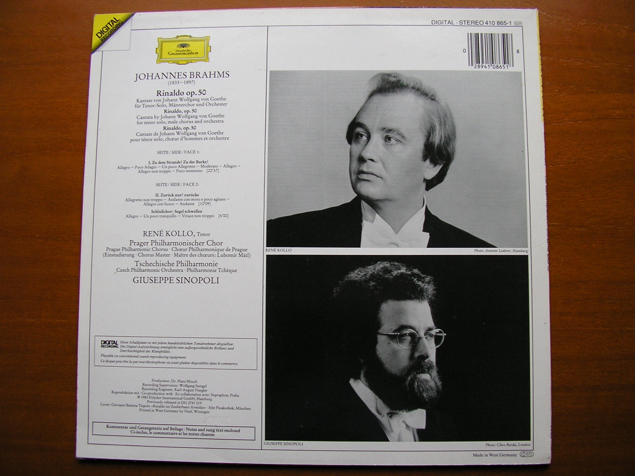 BRAHMS:  RINALDO      RENE KOLLO / CZECH PHILHARMONIC / SINOPOLI     410 865