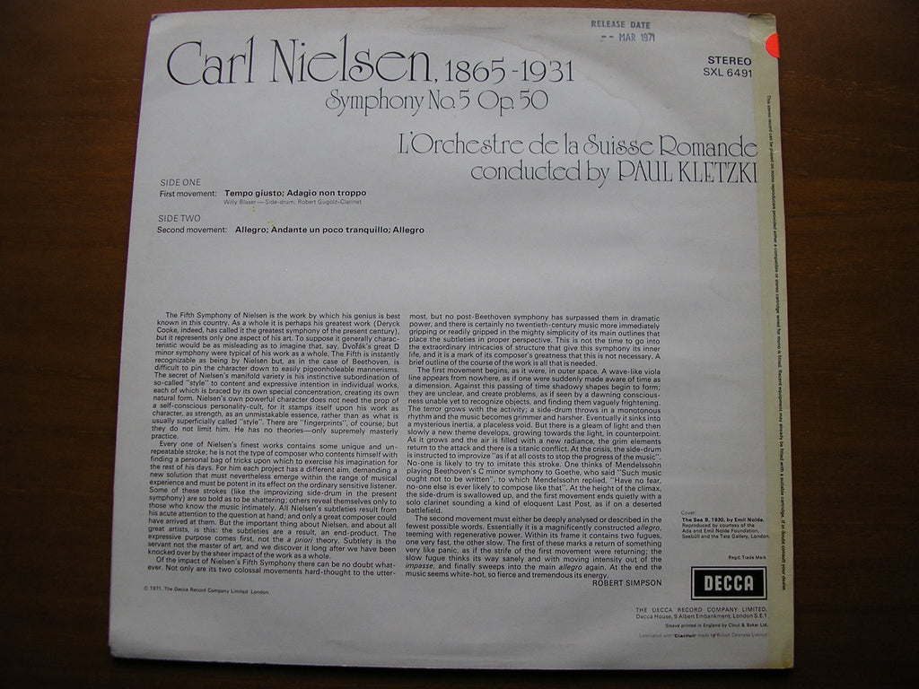SXL 6491 NIELSEN: SYMPHONY No. 5 KLETZKI / SUISSE ROMANDE test pressing