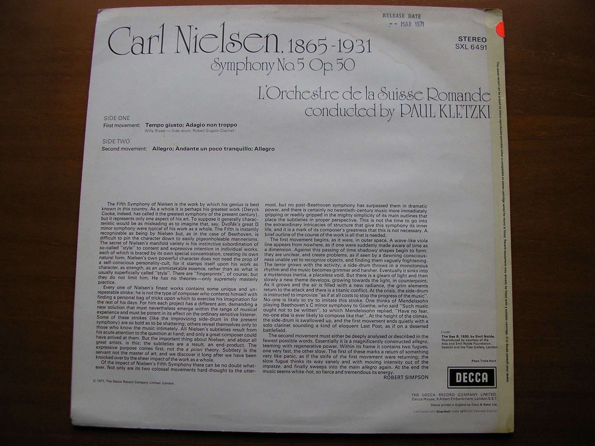 SXL 6491 NIELSEN: SYMPHONY No. 5 KLETZKI / SUISSE ROMANDE test pressing