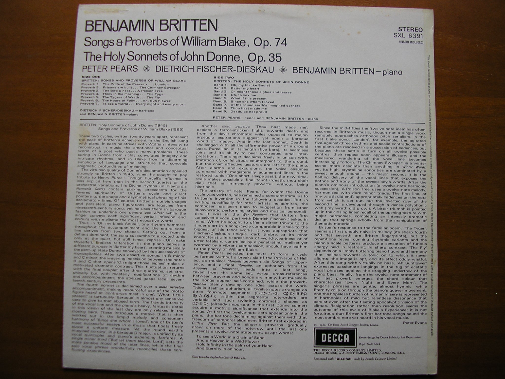 BRITTEN: SONNETS OF JOHN DONNE / SONGS OF WILLIAM BLAKE   PEARS / FISCHER-DIESKAU / BRITTEN      SXL 6391