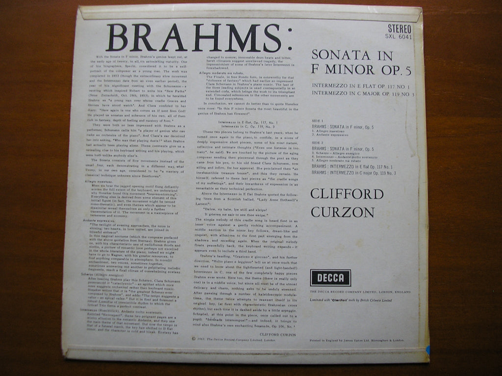 SXL 6041  BRAHMS: PIANO SONATA in F / TWO INTERMEZZI      CLIFFORD CURZON     ED1