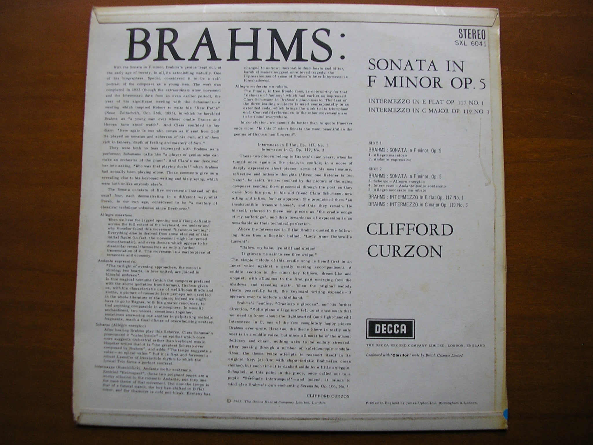 SXL 6041  BRAHMS: PIANO SONATA in F / TWO INTERMEZZI      CLIFFORD CURZON     ED1