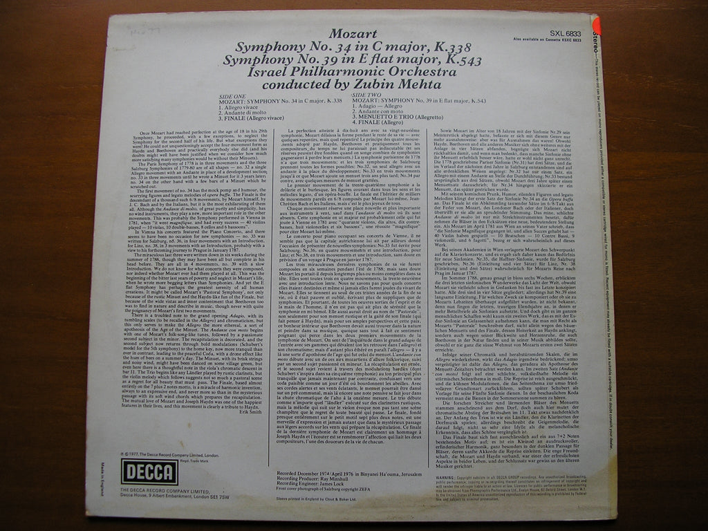 SXL 6833 MOZART: SYMPHONIES Nos. 34 & 39 MEHTA / ISRAEL PHILHARMONIC test pressing