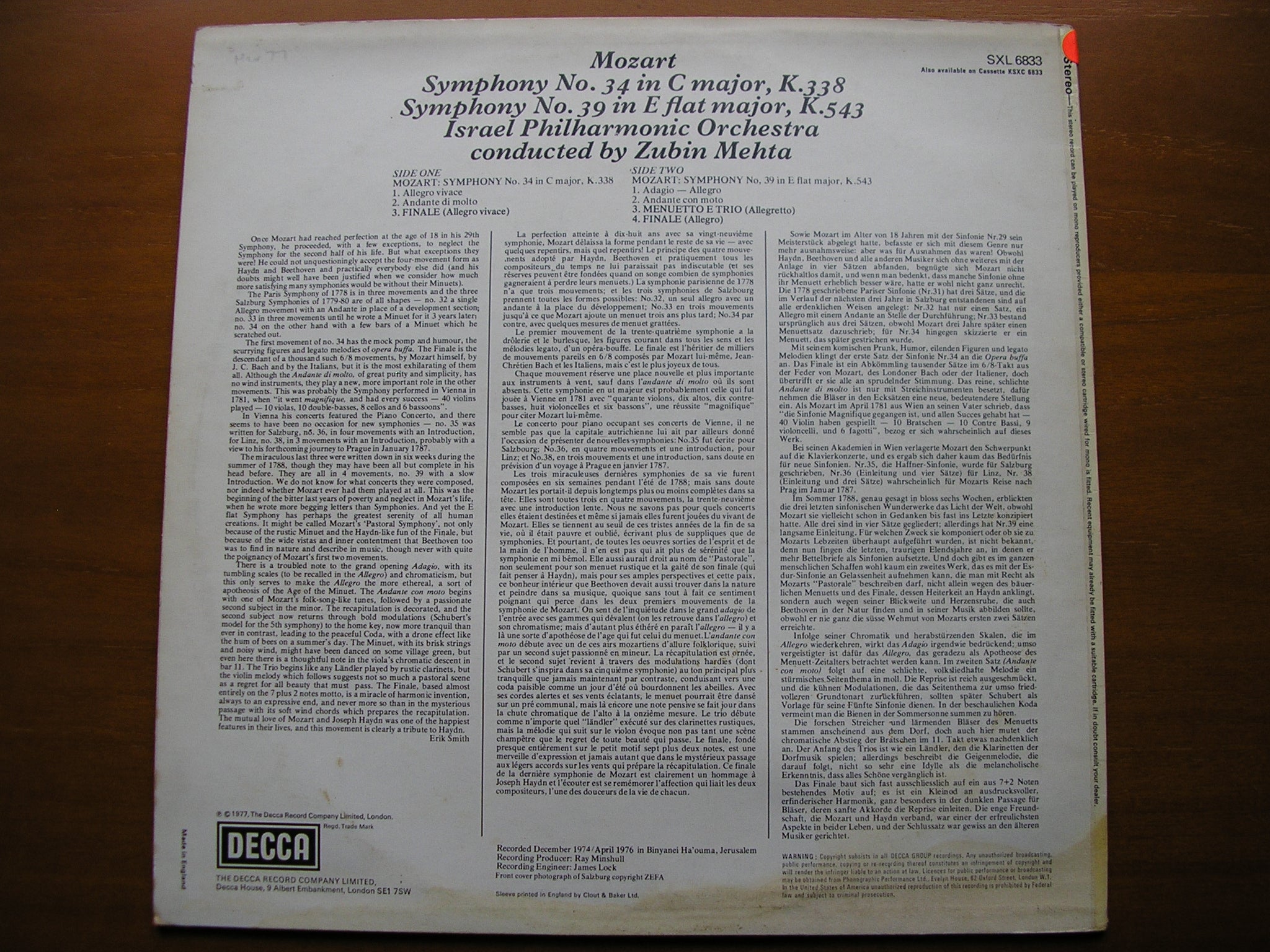 SXL 6833 MOZART: SYMPHONIES Nos. 34 & 39 MEHTA / ISRAEL PHILHARMONIC test pressing