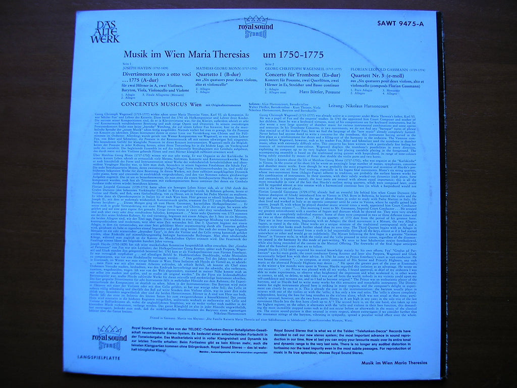 MUSIK IM MARIA THERESIAS VIENNA: MONN / HAYDN / GASSMANN / WAGENSEIL      CONCENTUS MUSICUS WIEN / HARNONCOURT    SAWT 9475