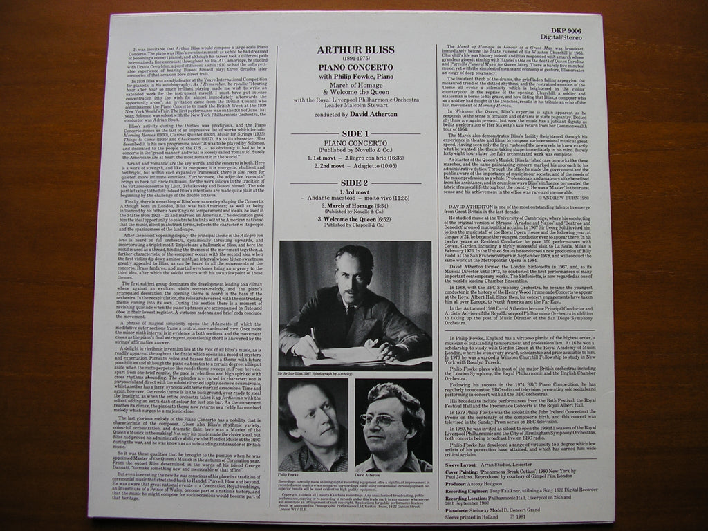 BLISS: PIANO CONCERTO / MARCH OF HOMAGE / WELCOME THE QUEEN     FOWKE / ROYAL LIVERPOOL PHILHARMONIC / ATHERTON     DKP 9006