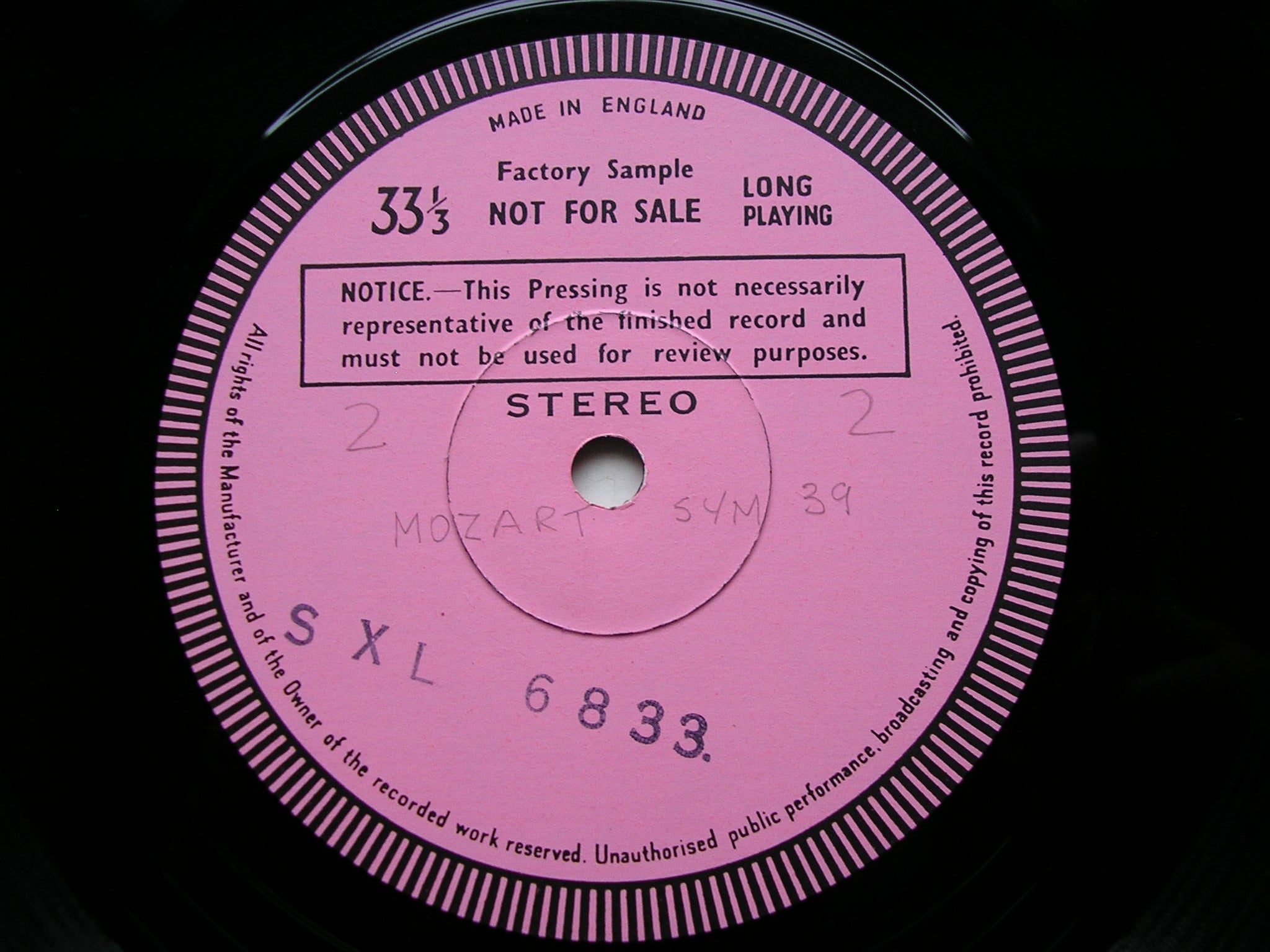 SXL 6833 MOZART: SYMPHONIES Nos. 34 & 39 MEHTA / ISRAEL PHILHARMONIC test pressing