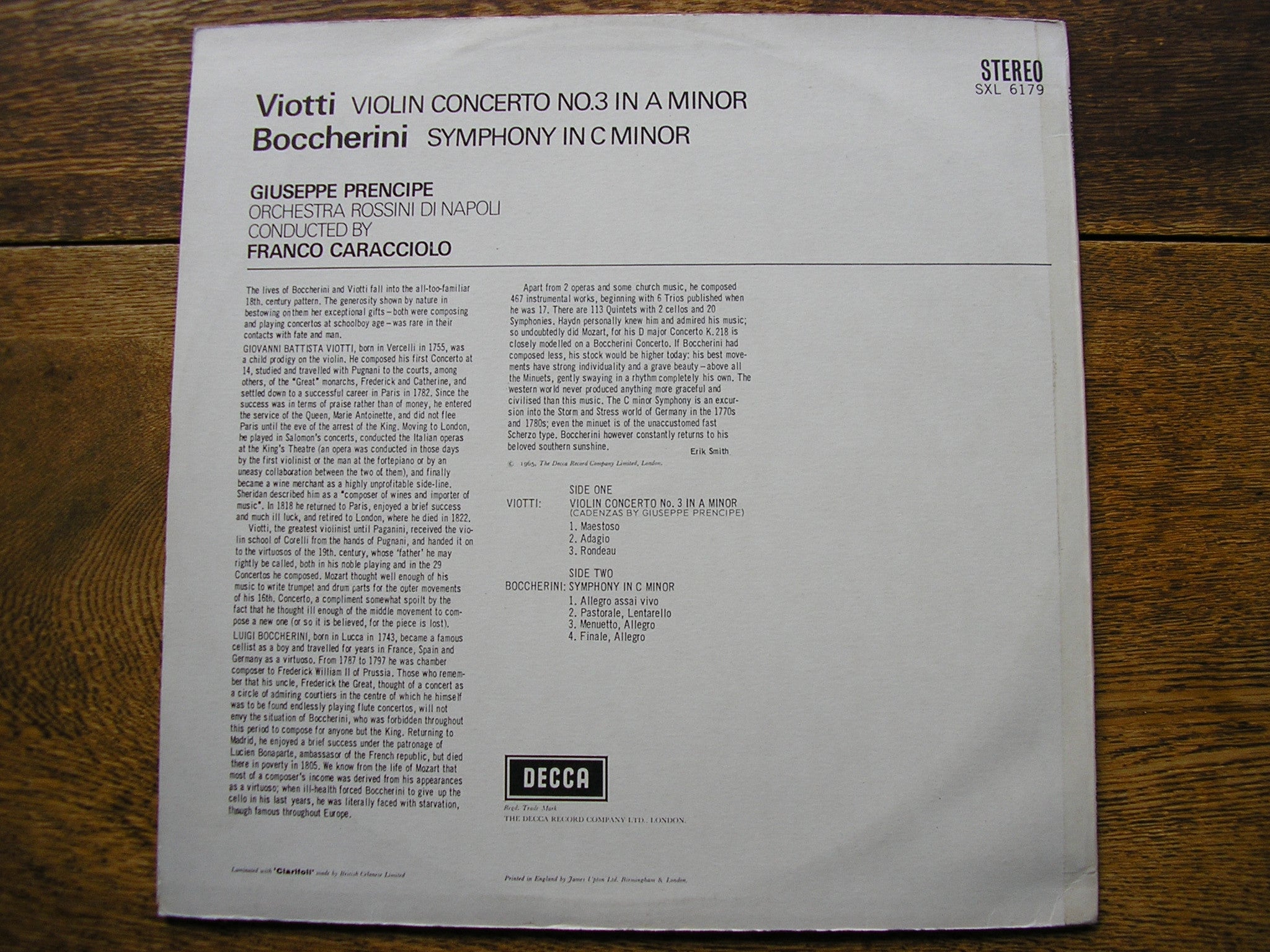 SXL 6179 VIOTTI: VIOLIN CONCERTO No. 3 in A / BOCCHERINI: SYMPHONY in C PRENCIPE / ORDN / CARACCIOLO