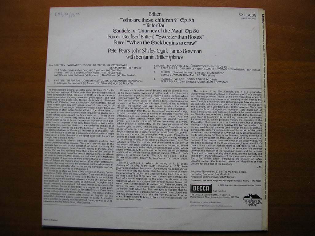 BRITTEN: JOURNEY OF THE MAGI / TIT FOR TAT / WHO ARE THESE CHILDREN?    SOLOISTS / BRITTEN     SXL 6608