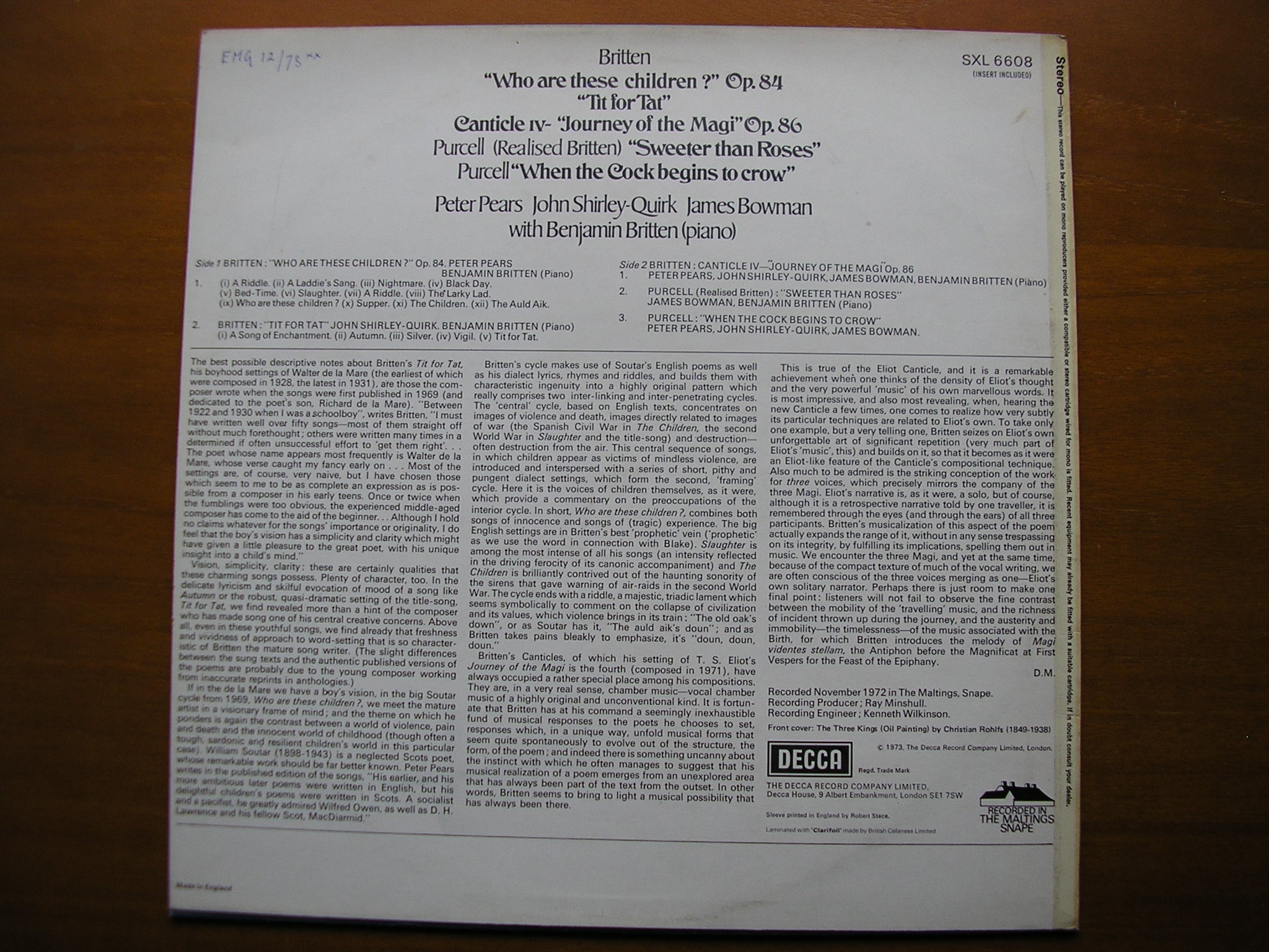 BRITTEN: JOURNEY OF THE MAGI / TIT FOR TAT / WHO ARE THESE CHILDREN?    SOLOISTS / BRITTEN     SXL 6608