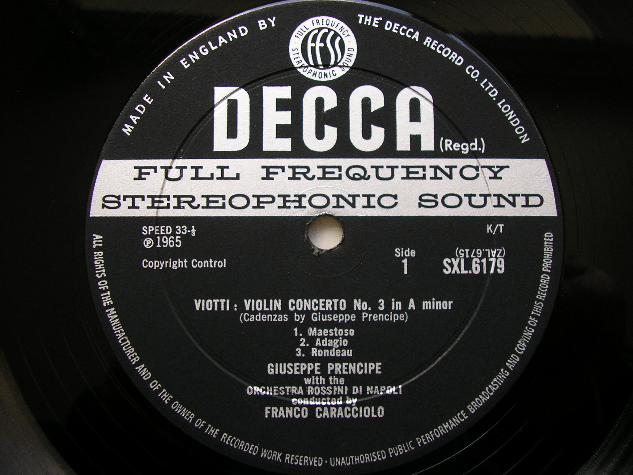 SXL 6179 VIOTTI: VIOLIN CONCERTO No. 3 in A / BOCCHERINI: SYMPHONY in C PRENCIPE / ORDN / CARACCIOLO
