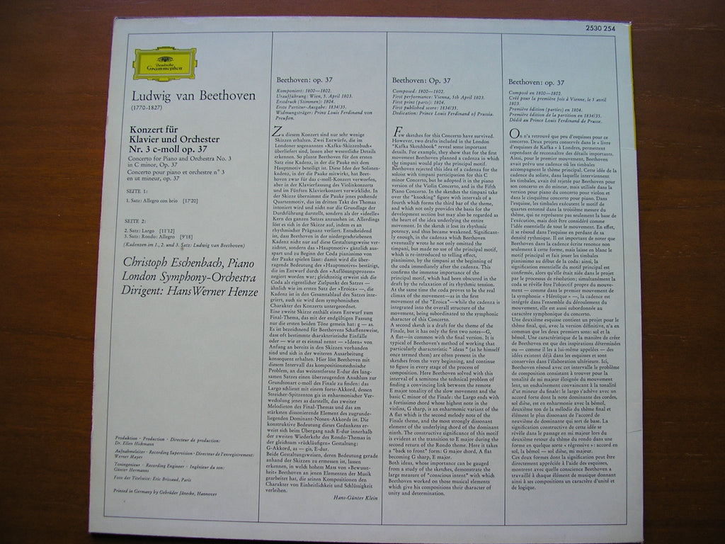 BEETHOVEN: PIANO CONCERTO No. 3     ESCHENBACH / LONDON SYMPHONY / HENZE    2530 254