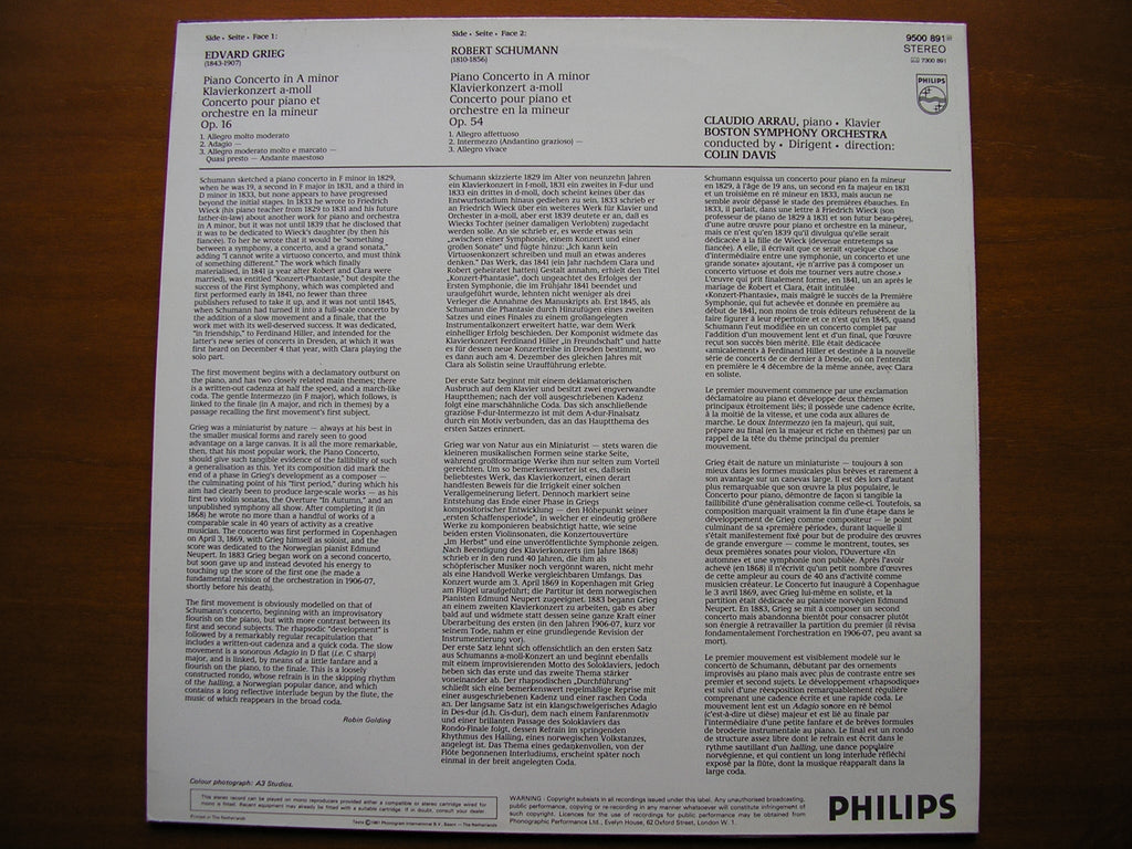 GRIEG & SCHUMANN: PIANO CONCERTOS       ARRAU / BOSTON SYMPHONY / DAVIS      9500 891